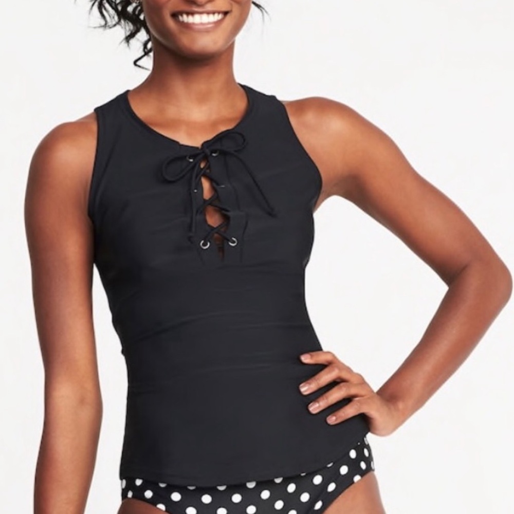Old Navy Black Lace Up Pull On Rashguard Style Bathing / Swim Suit Tankini Top.